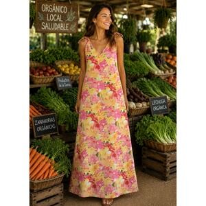 SunBay Leisure Womens Floral Cotton Maxi Dress Pink Yellow Tropical V-Neck M